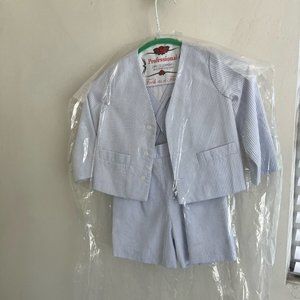 FLORENCE EISEMAN BOYS BLUE OTTOMAN SEERSUCKER THREE PIECE ETON SUIT